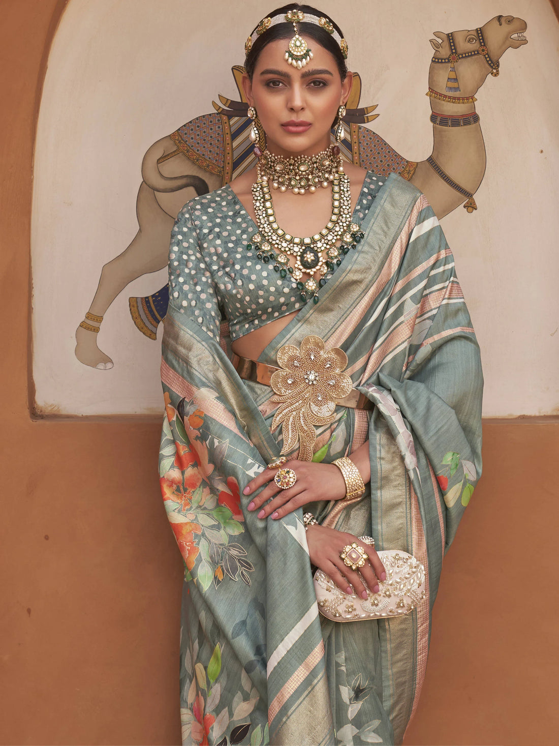 Precious Sage Green Floral Printed Silk Designer Saree With Blouse - Zeel Clothing