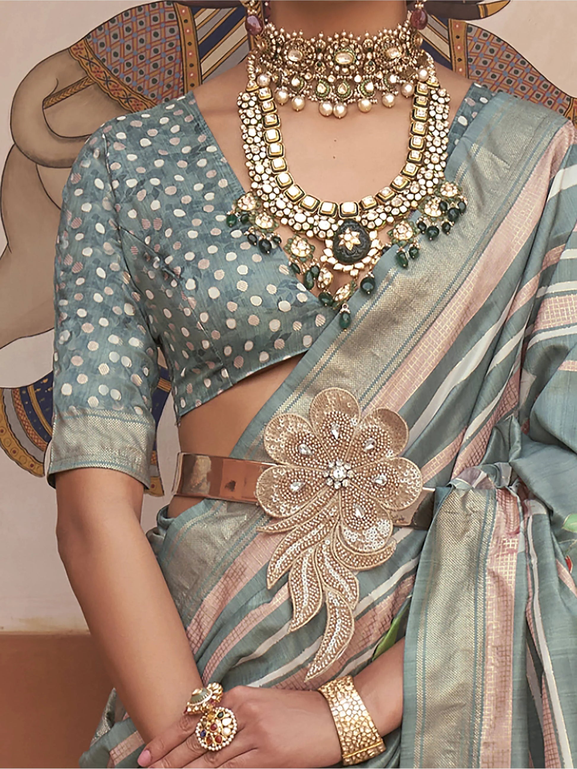 Precious Sage Green Floral Printed Silk Designer Saree With Blouse - Zeel Clothing