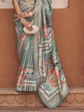 Precious Sage Green Floral Printed Silk Designer Saree With Blouse - Zeel Clothing