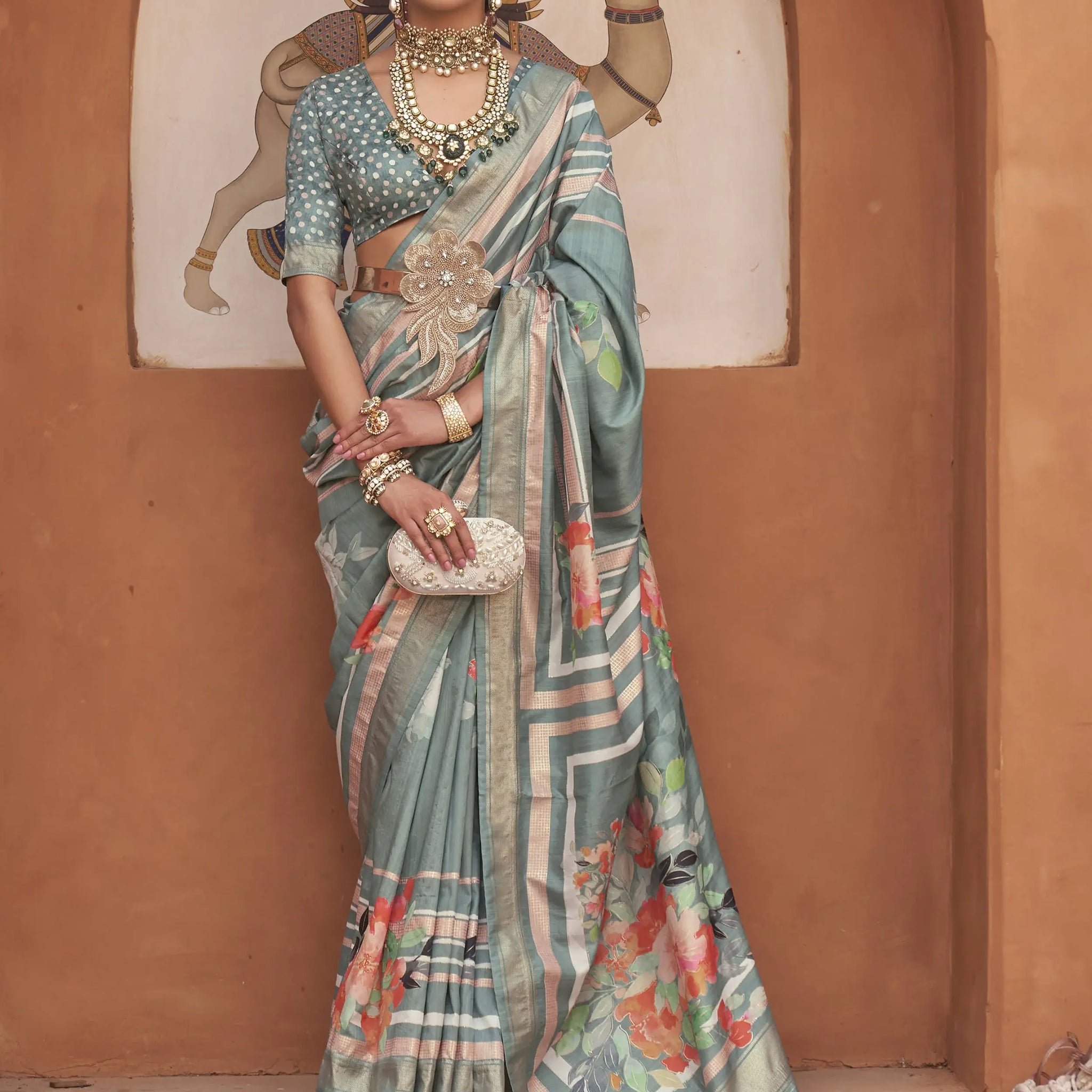 Precious Sage Green Floral Printed Silk Designer Saree With Blouse - Zeel Clothing
