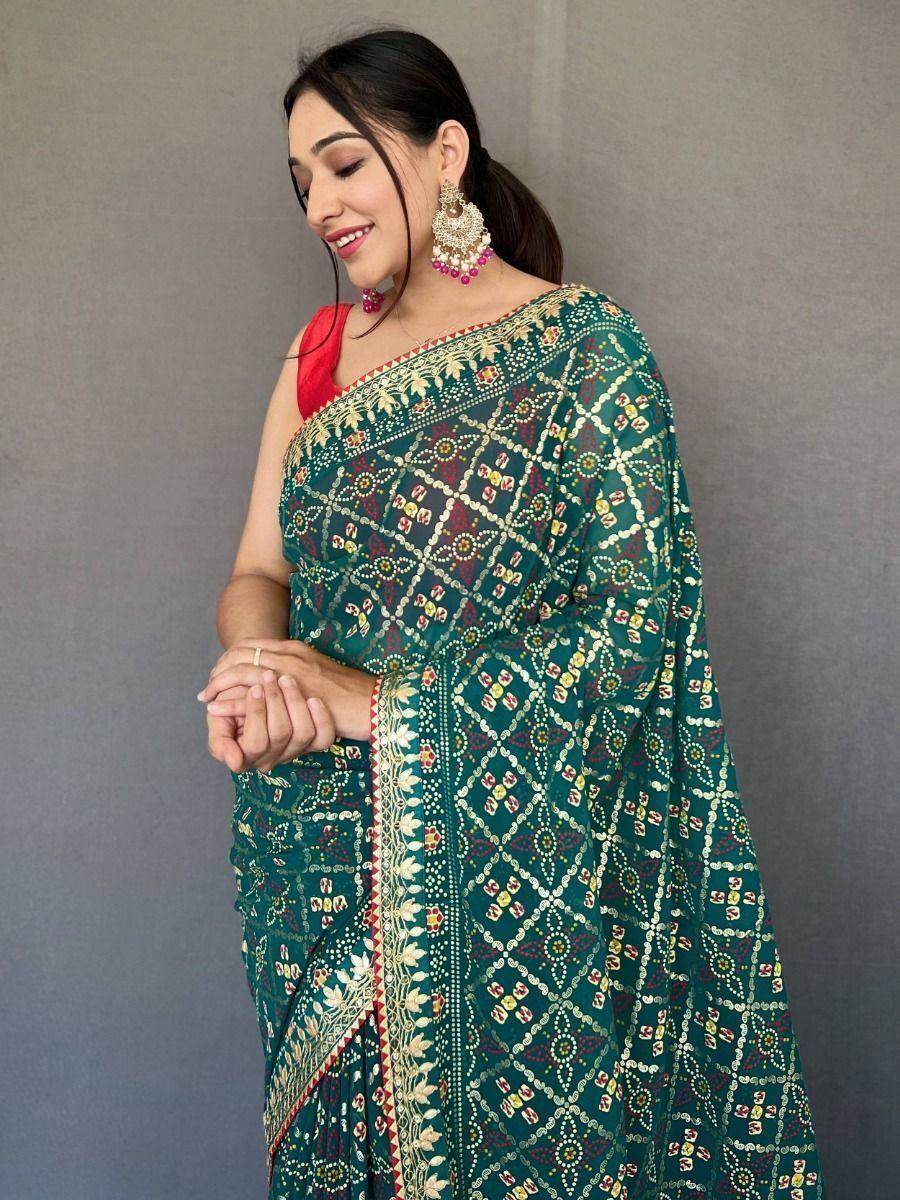 Precious Sea Green Printed Georgette Festival Wear Saree With Blouse - Zeel Clothing