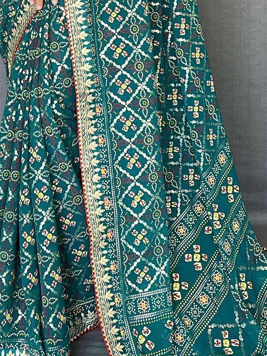 Precious Sea Green Printed Georgette Festival Wear Saree With Blouse - Zeel Clothing