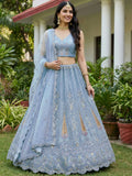 Precious Sky Blue Sequins Net Bridesmaid Lehenga Choli With Dupatta