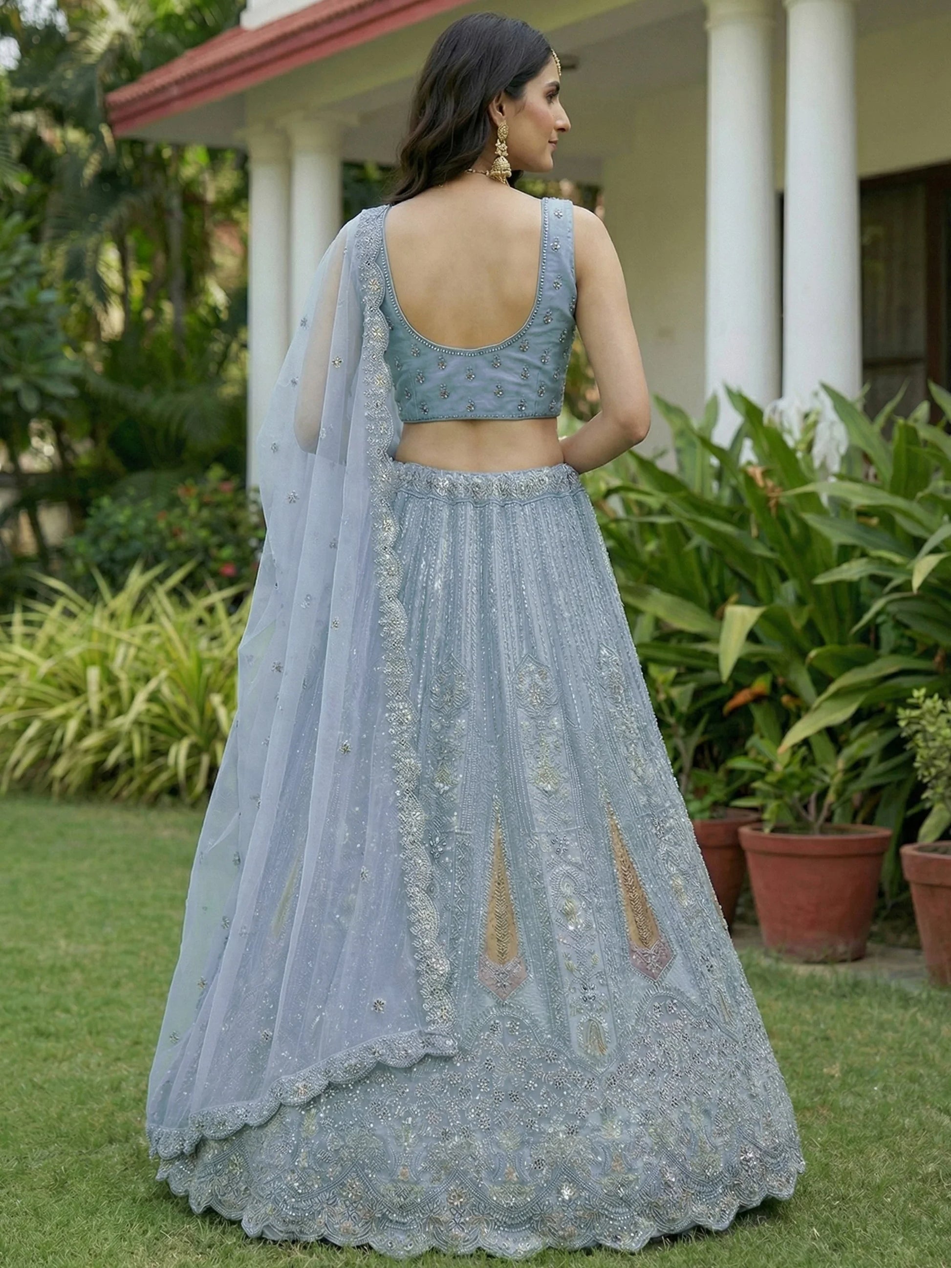 Precious Sky Blue Sequins Net Bridesmaid Lehenga Choli With Dupatta