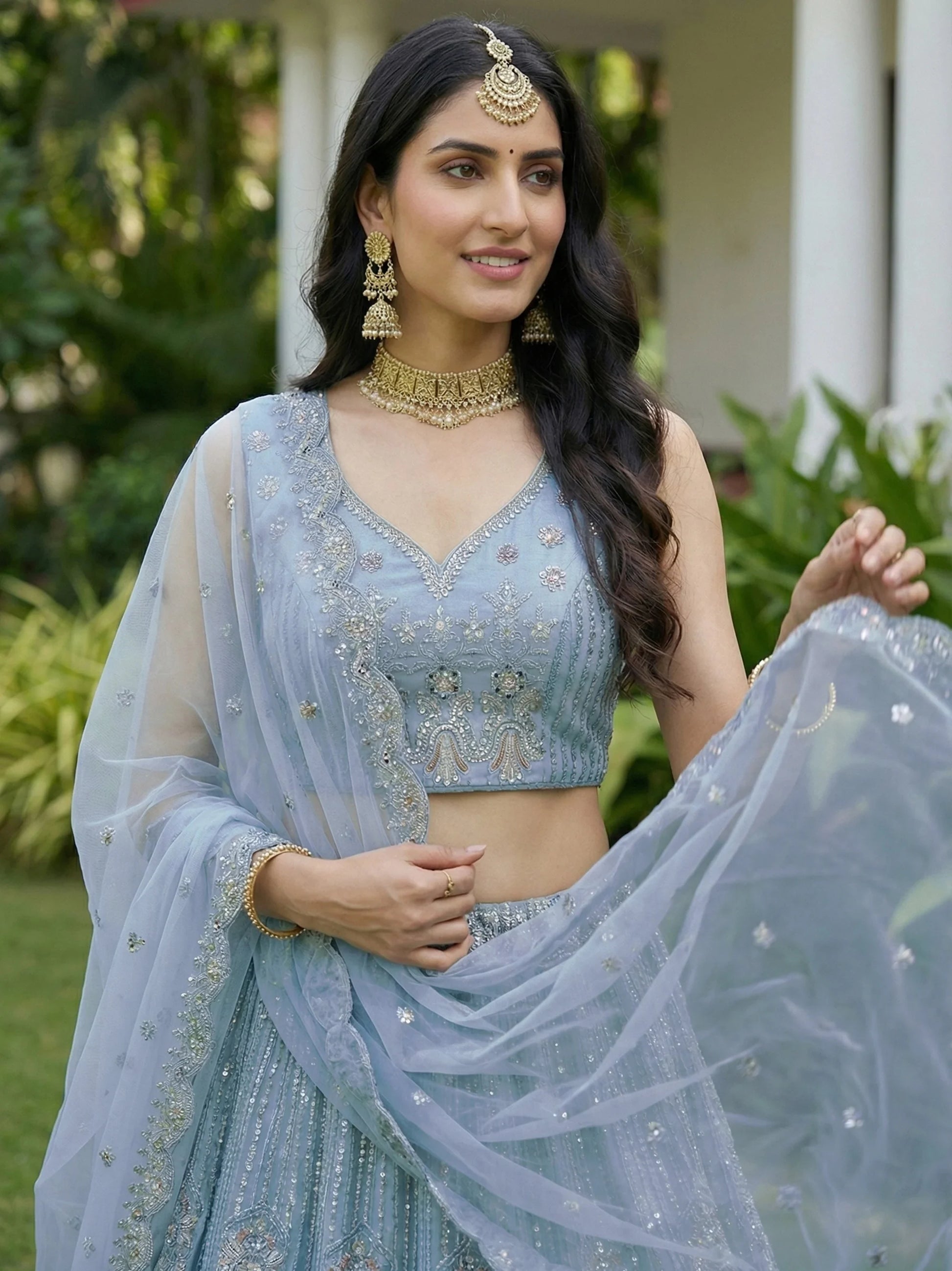 Precious Sky Blue Sequins Net Bridesmaid Lehenga Choli With Dupatta