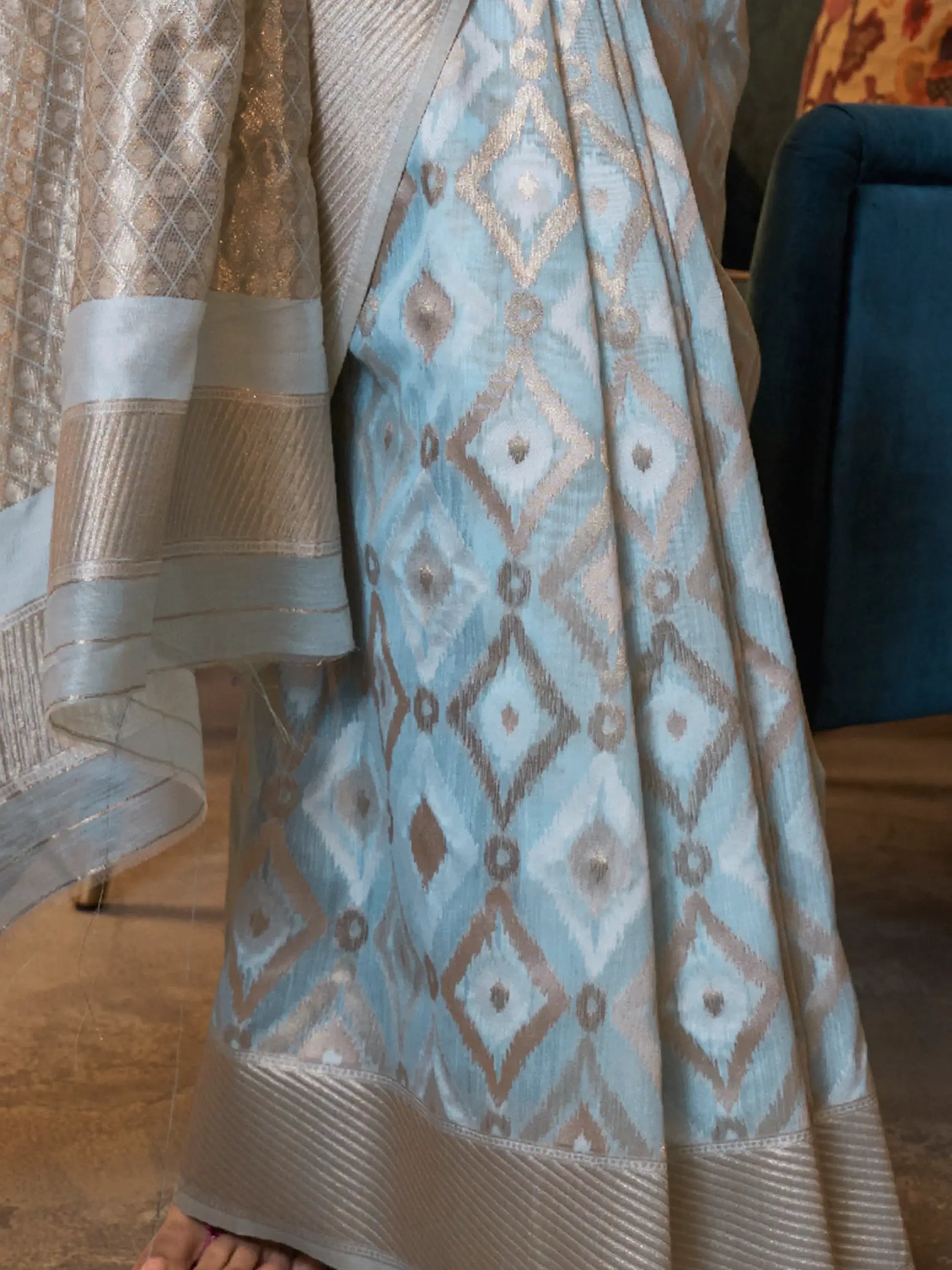 Precious Sky-Blue Zari Weaving Linen Festival Wear Saree With Blouse - Zeel Clothing