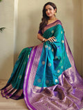Precious Teal Blue Zari Weaving Silk Festive Wear Saree With Blouse - Zeel Clothing