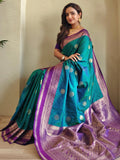 Precious Teal Blue Zari Weaving Silk Festive Wear Saree With Blouse - Zeel Clothing