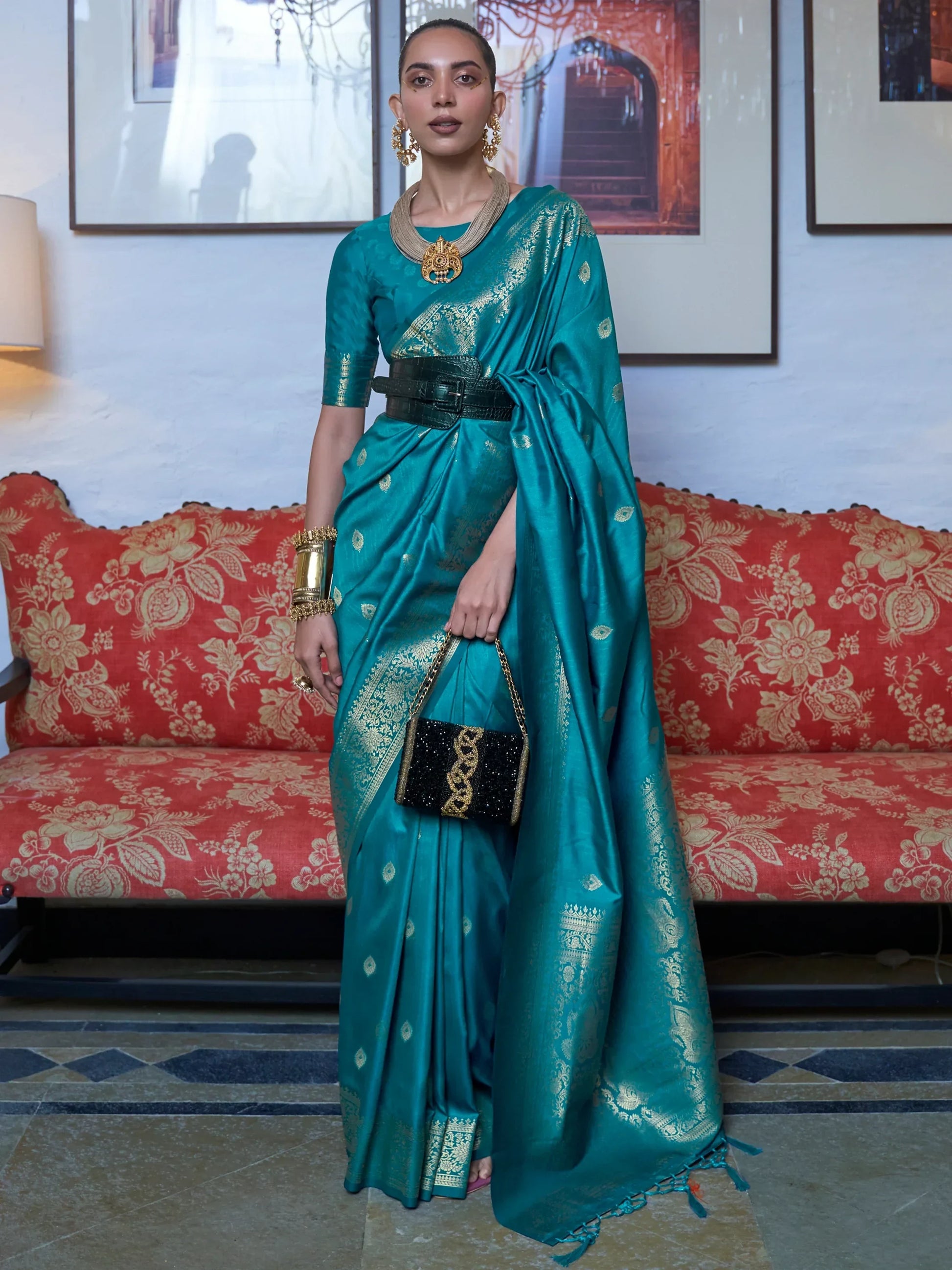 Precious Teal Blue Zari Weaving Silk Traditional Saree With Blouse - Zeel Clothing