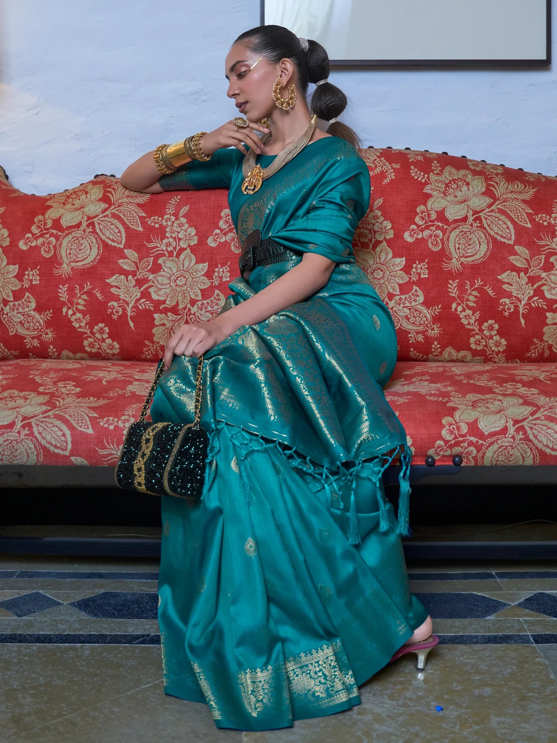 Precious Teal Blue Zari Weaving Silk Traditional Saree With Blouse - Zeel Clothing