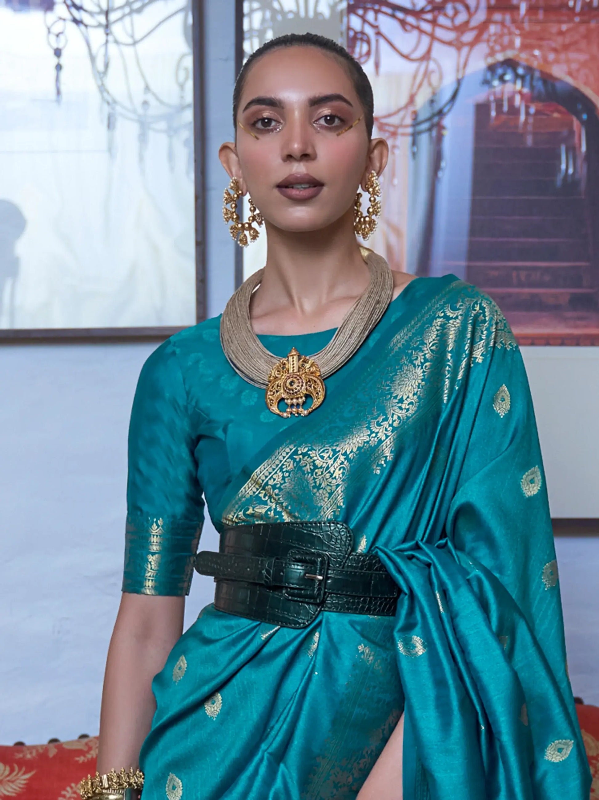 Precious Teal Blue Zari Weaving Silk Traditional Saree With Blouse - Zeel Clothing