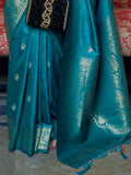Precious Teal Blue Zari Weaving Silk Traditional Saree With Blouse - Zeel Clothing