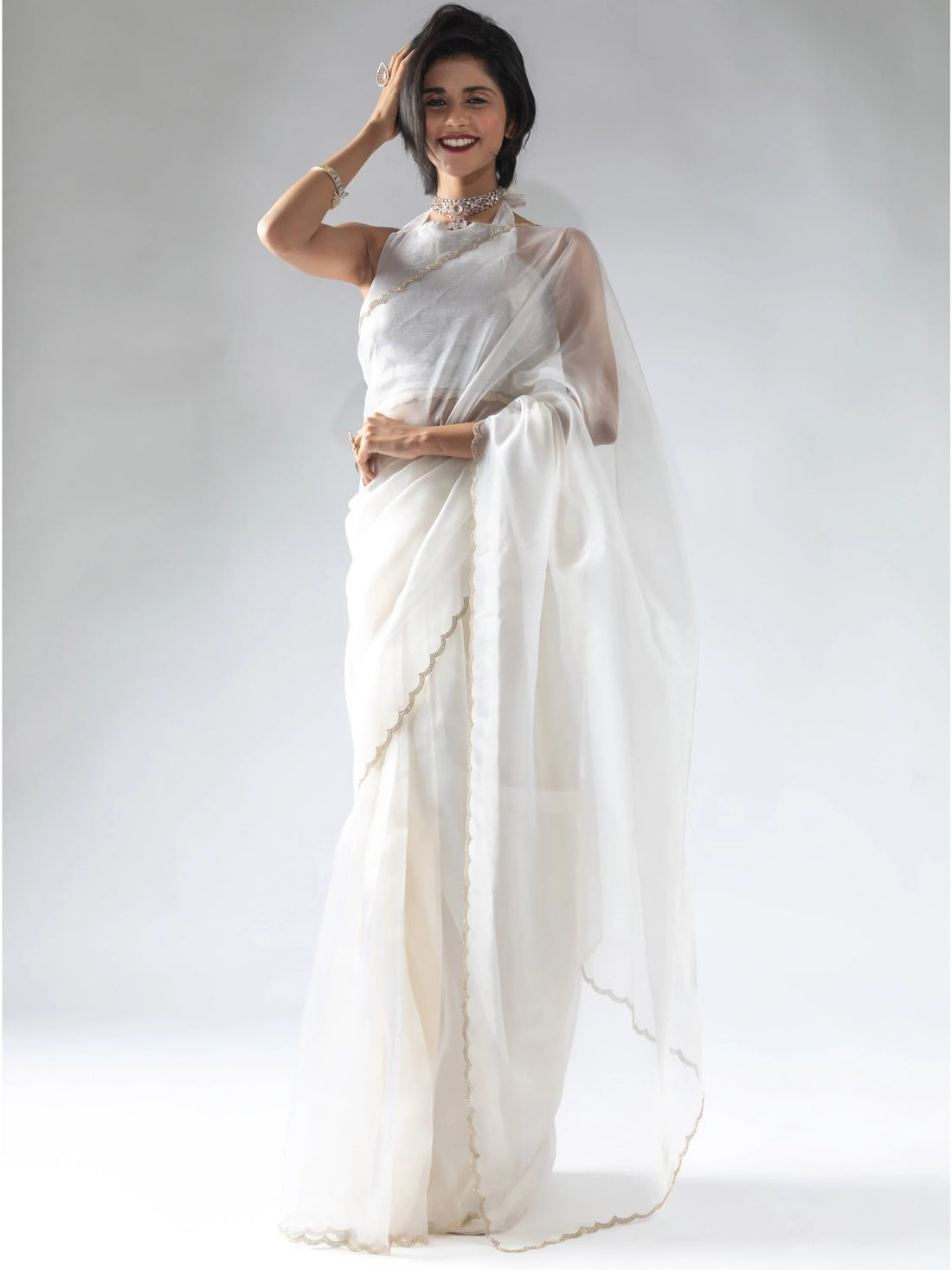 Precious White Border Work Organza Pre-Stitched Saree With Blouse - Zeel Clothing