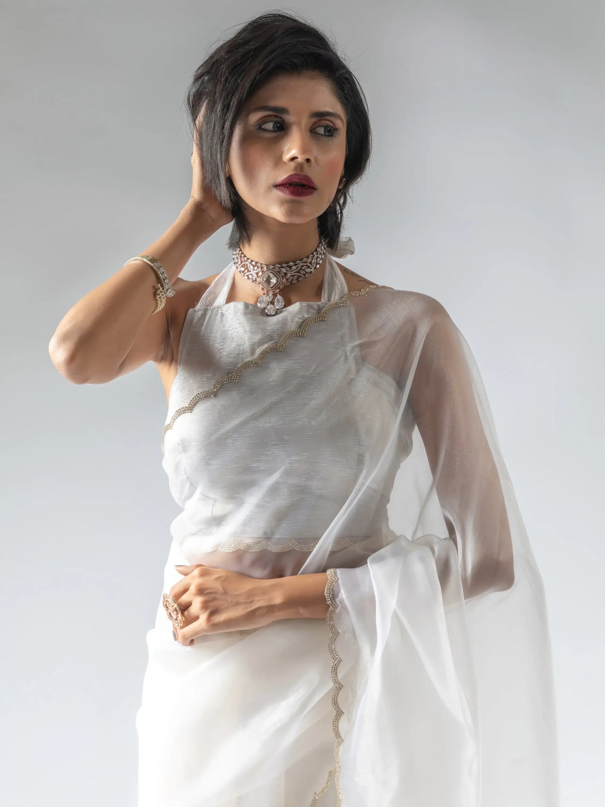 Precious White Border Work Organza Pre-Stitched Saree With Blouse - Zeel Clothing