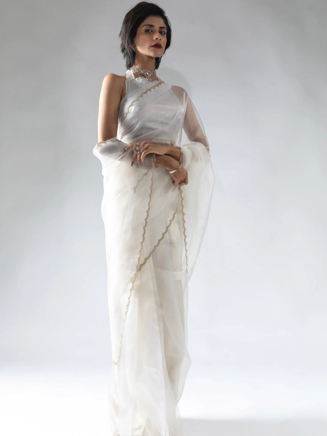 Precious White Border Work Organza Pre-Stitched Saree With Blouse - Zeel Clothing