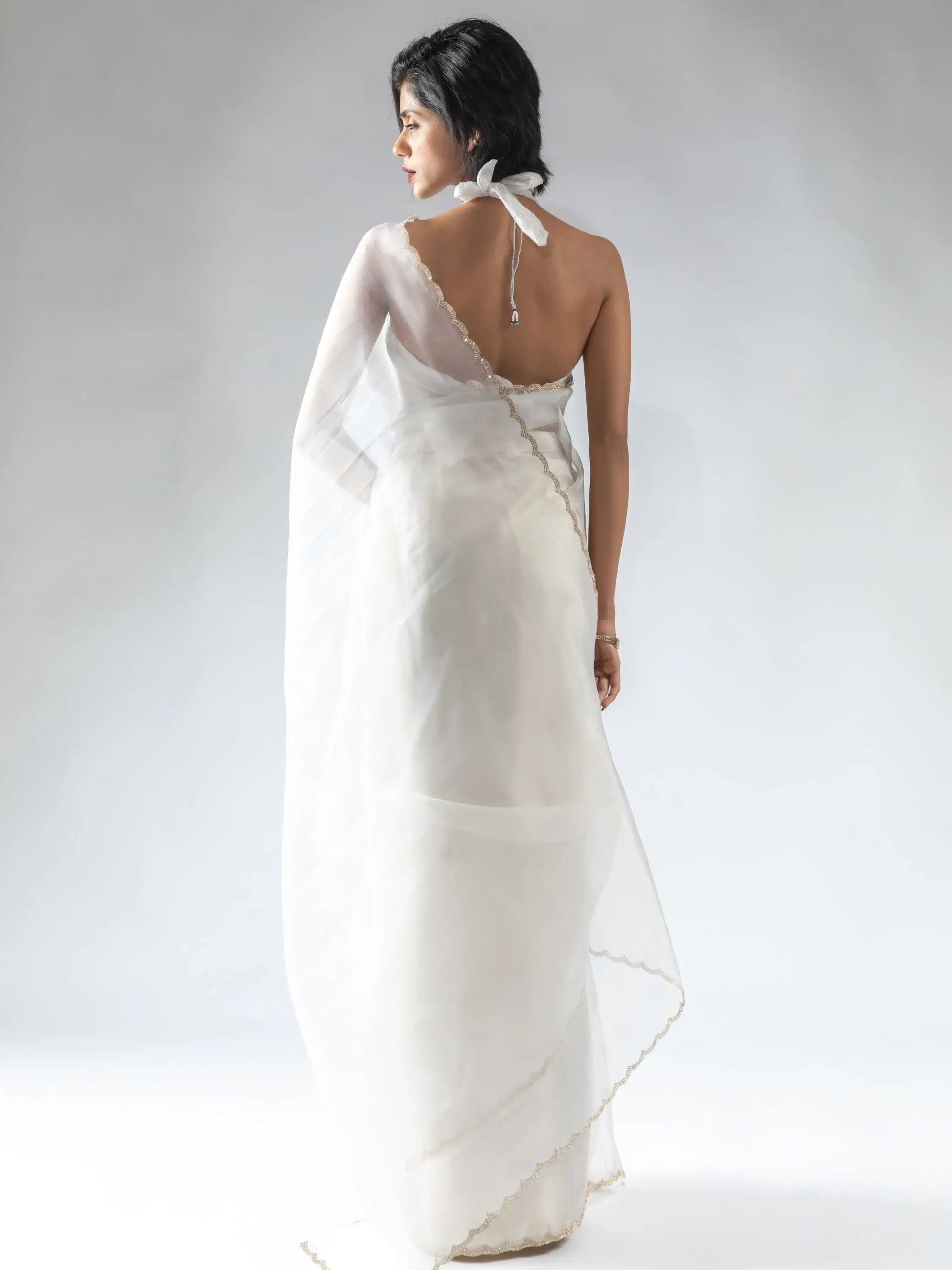 Precious White Border Work Organza Pre-Stitched Saree With Blouse - Zeel Clothing