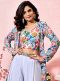 Precious White Printed Crepe Party Wear Crop Top Palazzo With Shrug - Zeel Clothing