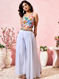 Precious White Printed Crepe Party Wear Crop Top Palazzo With Shrug - Zeel Clothing