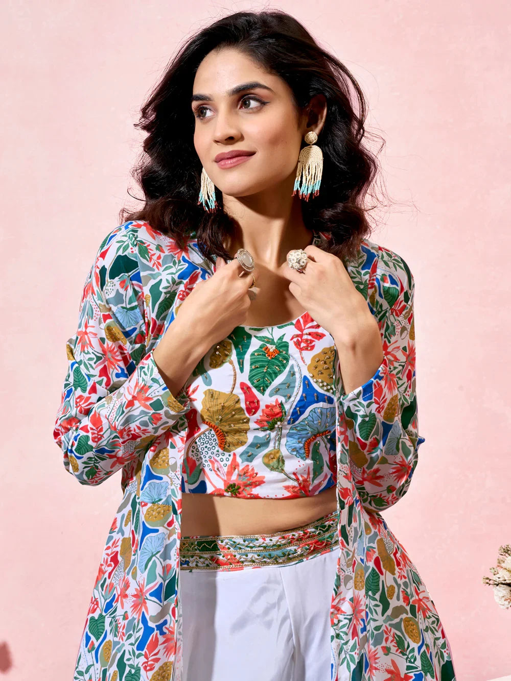 Precious White Printed Crepe Party Wear Crop Top Palazzo With Shrug - Zeel Clothing