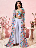 Precious White Printed Crepe Party Wear Crop Top Palazzo With Shrug - Zeel Clothing