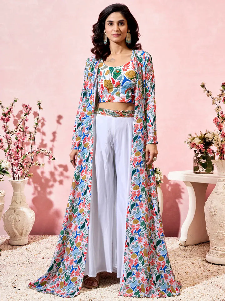 Precious White Printed Crepe Party Wear Crop Top Palazzo With Shrug - Zeel Clothing