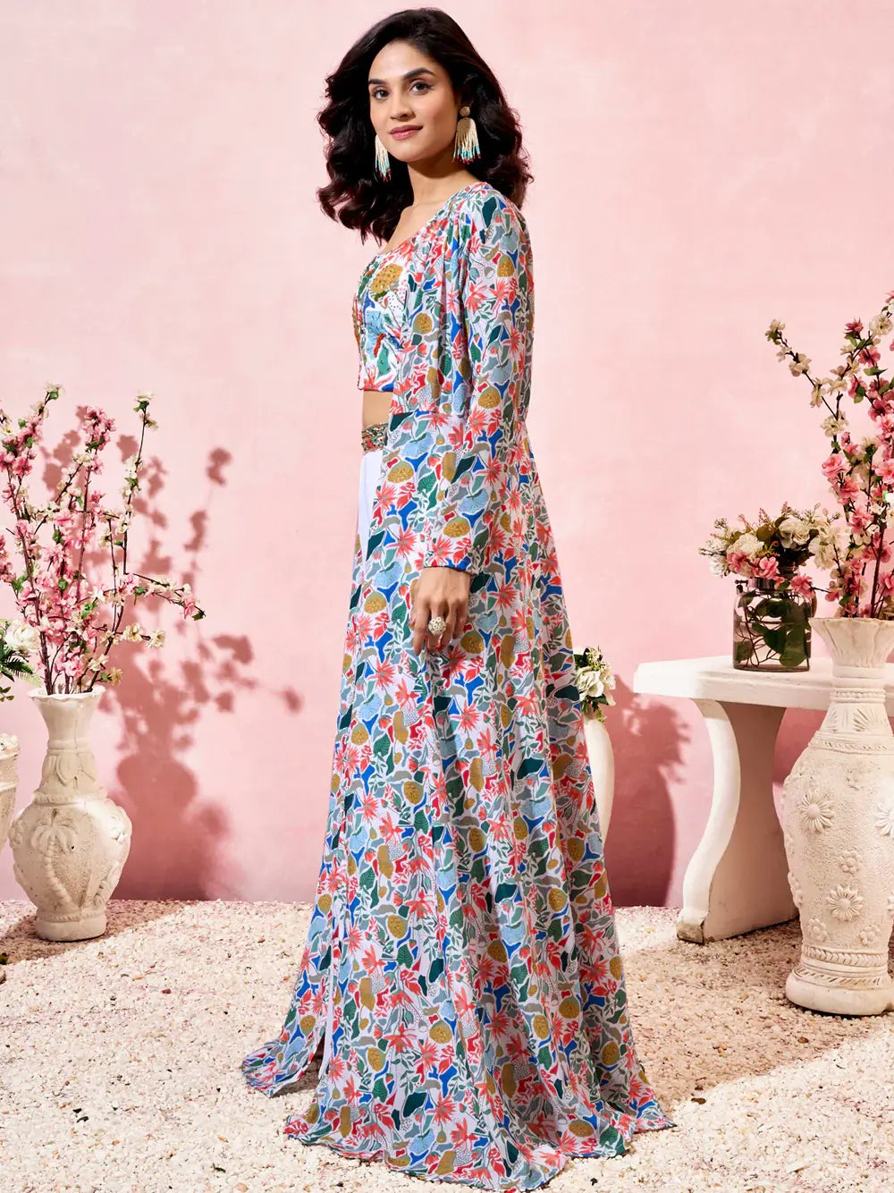 Precious White Printed Crepe Party Wear Crop Top Palazzo With Shrug - Zeel Clothing