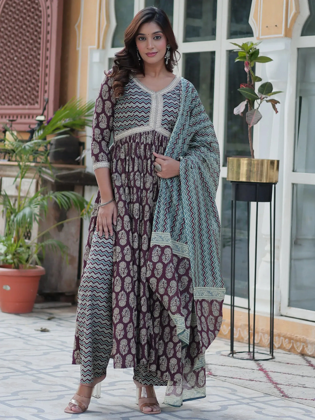 Precious Wine Floral Printed Cotton Casual Wear Side Cut Anarkali Suit - Zeel Clothing