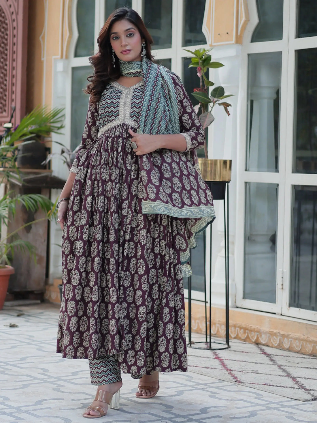 Precious Wine Floral Printed Cotton Casual Wear Side Cut Anarkali Suit - Zeel Clothing