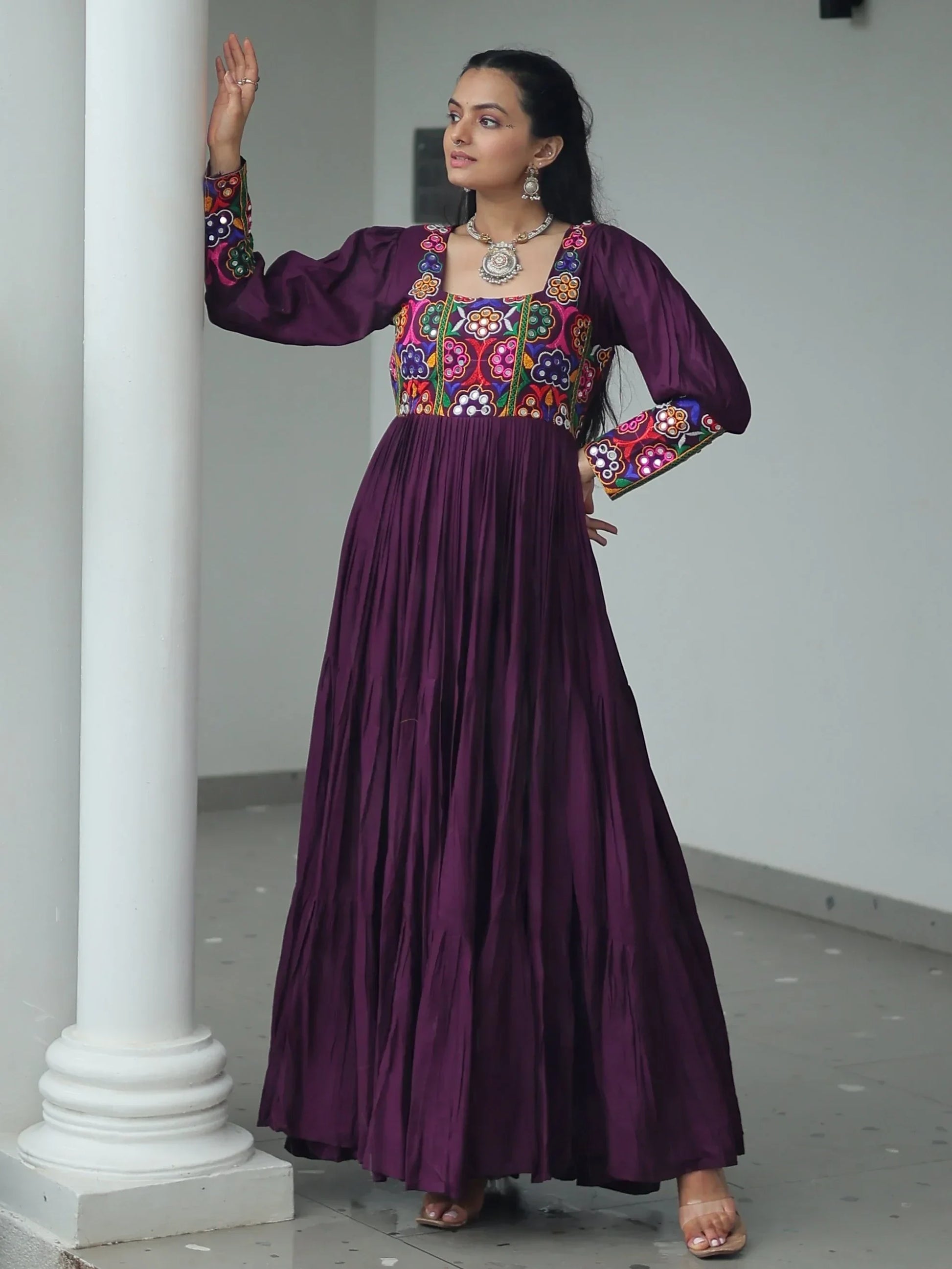 Precious Wine Gamthi Work Rayon Navratri Special Gown - Zeel Clothing