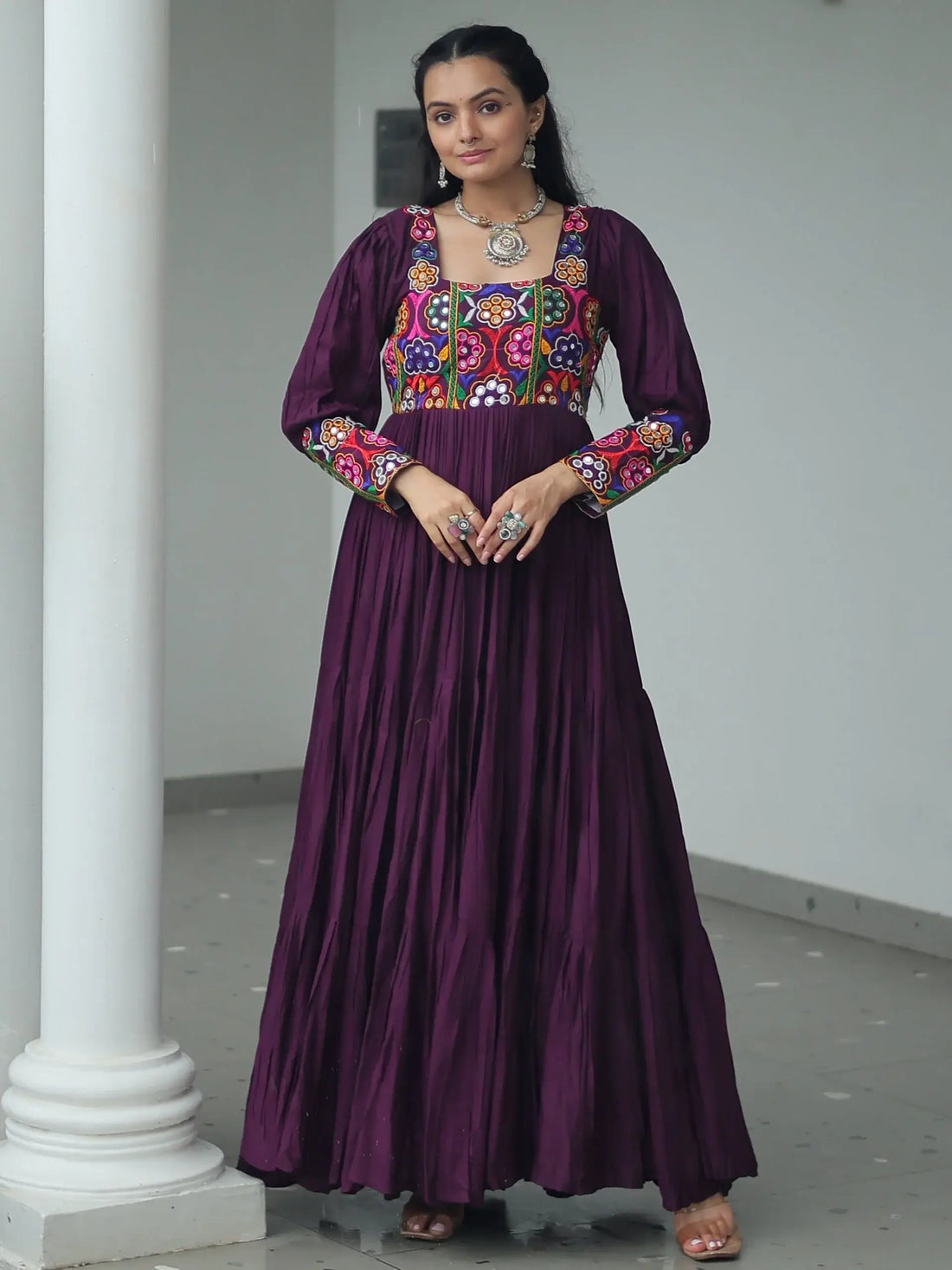 Precious Wine Gamthi Work Rayon Navratri Special Gown - Zeel Clothing