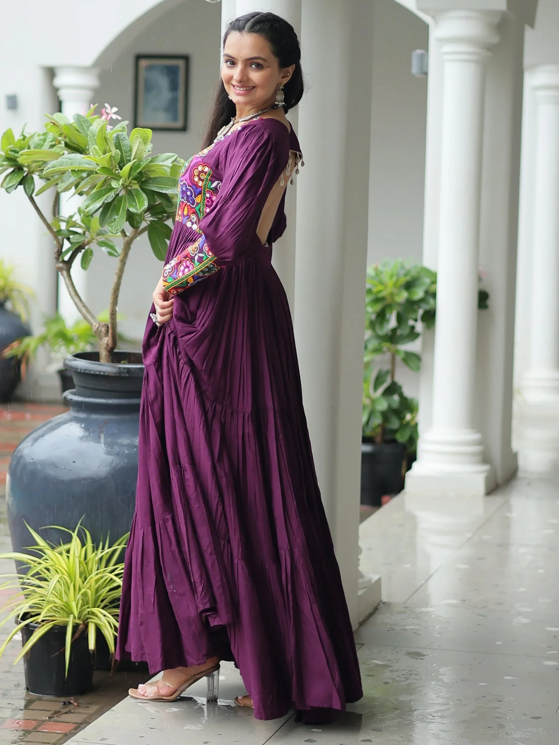 Precious Wine Gamthi Work Rayon Navratri Special Gown - Zeel Clothing