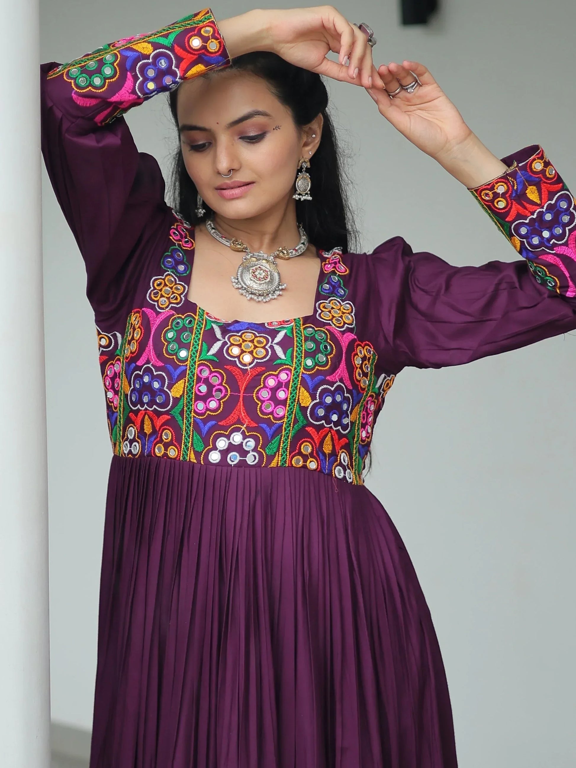 Precious Wine Gamthi Work Rayon Navratri Special Gown - Zeel Clothing
