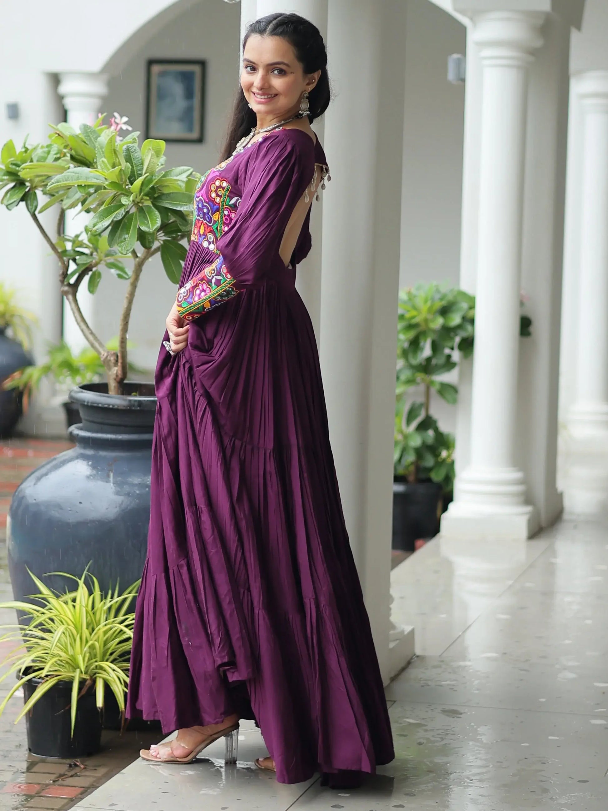 Precious Wine Gamthi Work Rayon Navratri Special Gown - Zeel Clothing