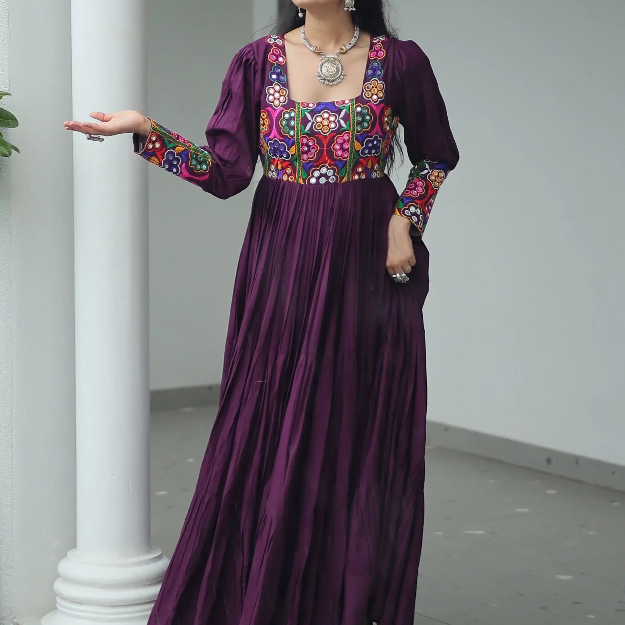 Precious Wine Gamthi Work Rayon Navratri Special Gown - Zeel Clothing