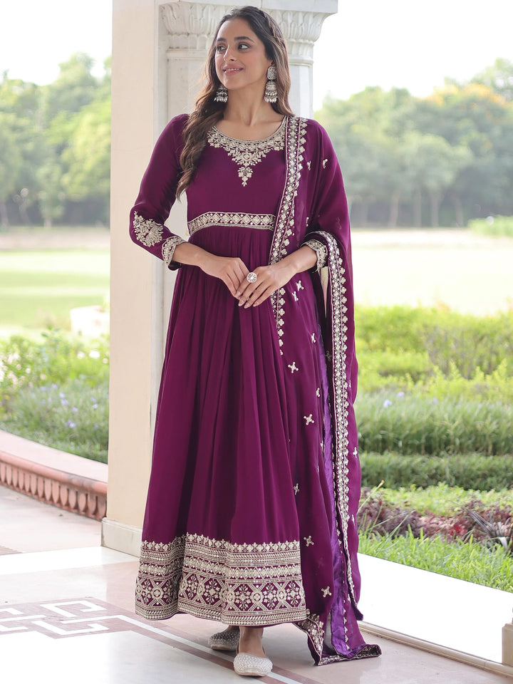 Precious Wine Sequins Silk Function Wear Gown With Dupatta