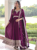Precious Wine Sequins Silk Function Wear Gown With Dupatta