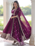 Precious Wine Sequins Silk Function Wear Gown With Dupatta