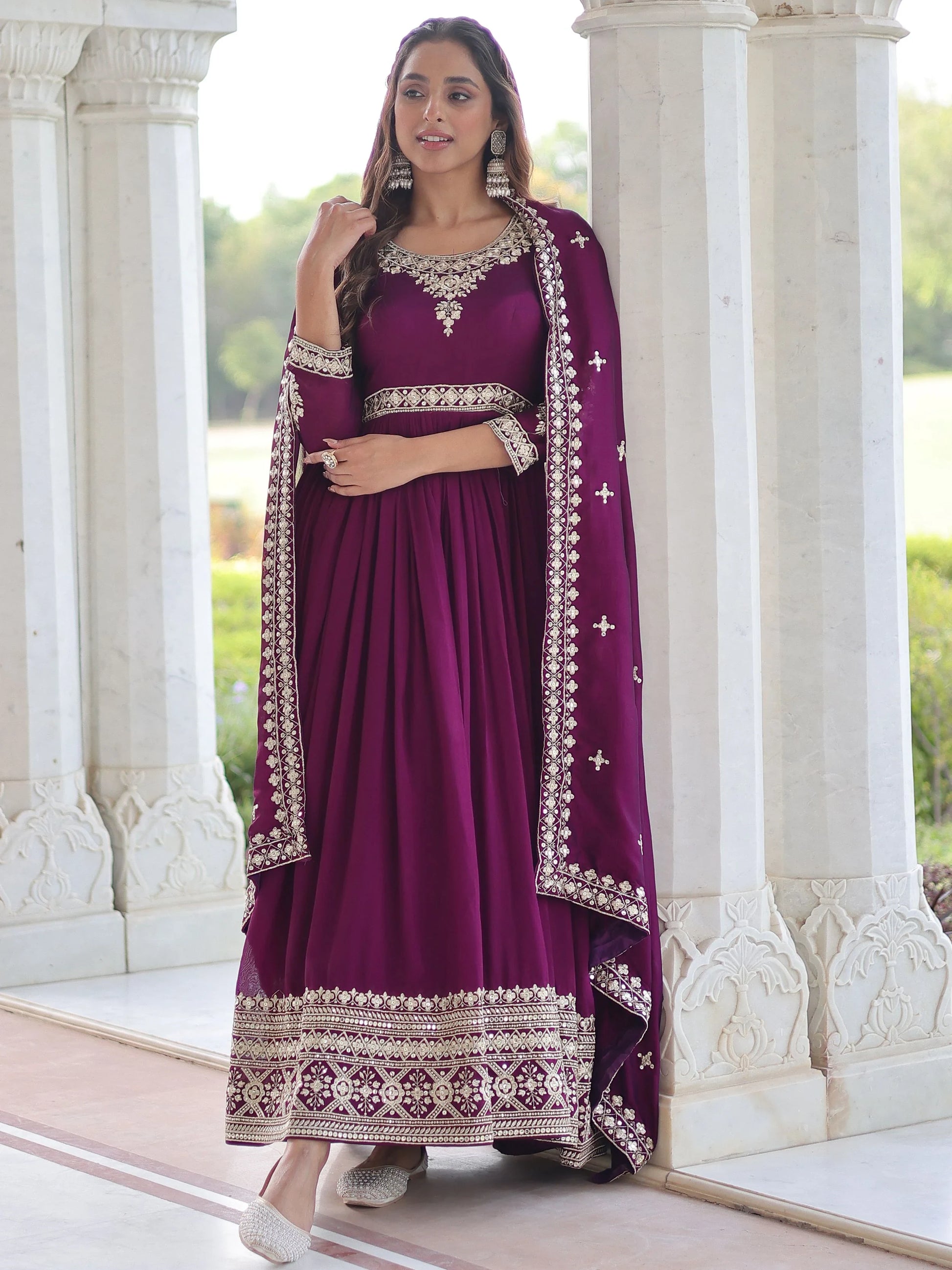 Precious Wine Sequins Silk Function Wear Gown With Dupatta