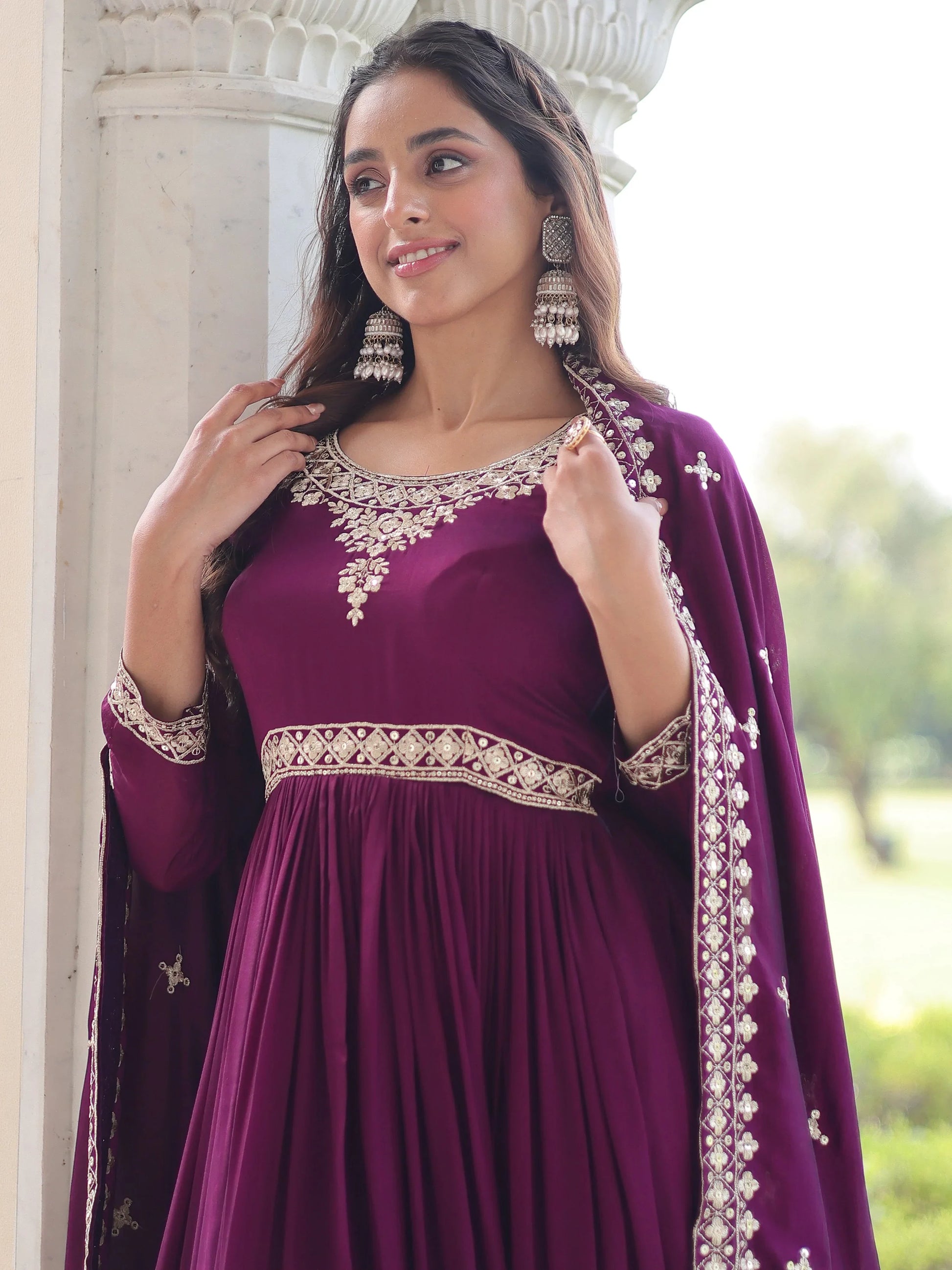 Precious Wine Sequins Silk Function Wear Gown With Dupatta