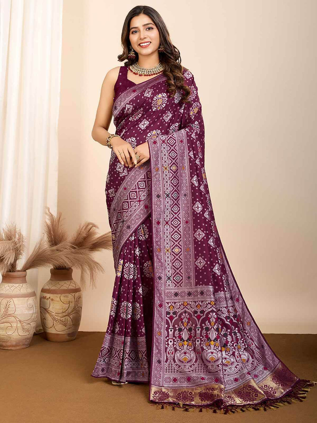 Precious Wine Zari Weaving Silk Festival Wear Saree With Blouse - Zeel Clothing