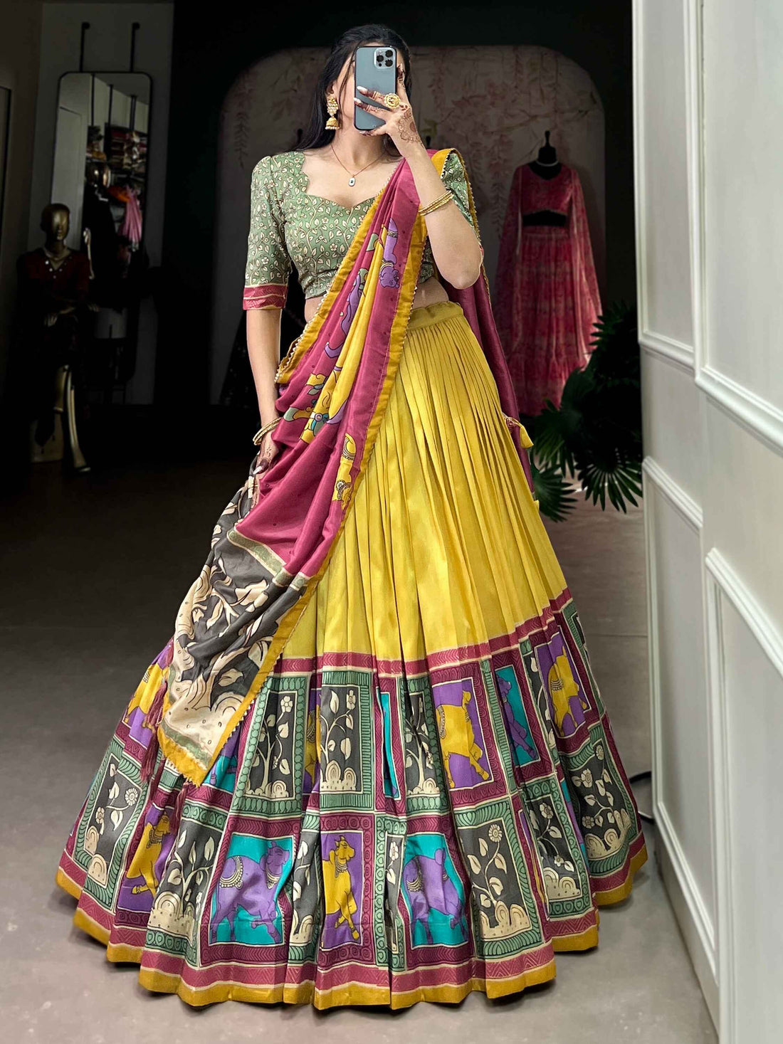 Precious Yellow Kalamkari Print Silk Haldi Wear Lehenga Choli - Zeel Clothing