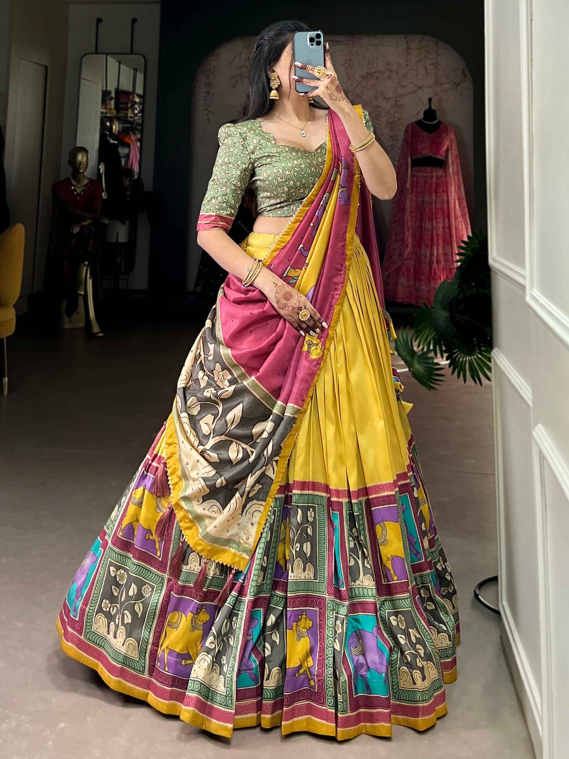Precious Yellow Kalamkari Print Silk Haldi Wear Lehenga Choli - Zeel Clothing