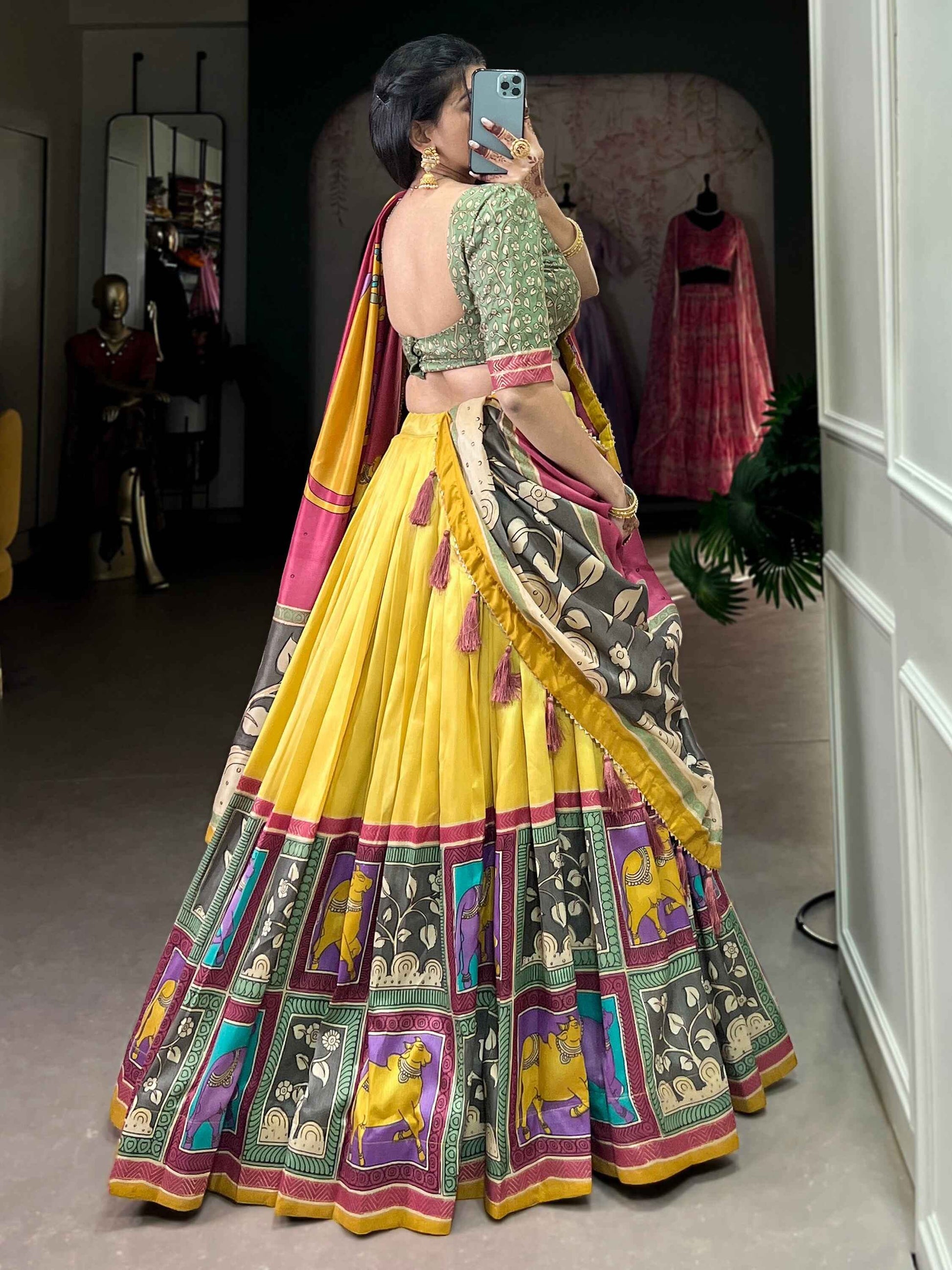 Precious Yellow Kalamkari Print Silk Haldi Wear Lehenga Choli - Zeel Clothing