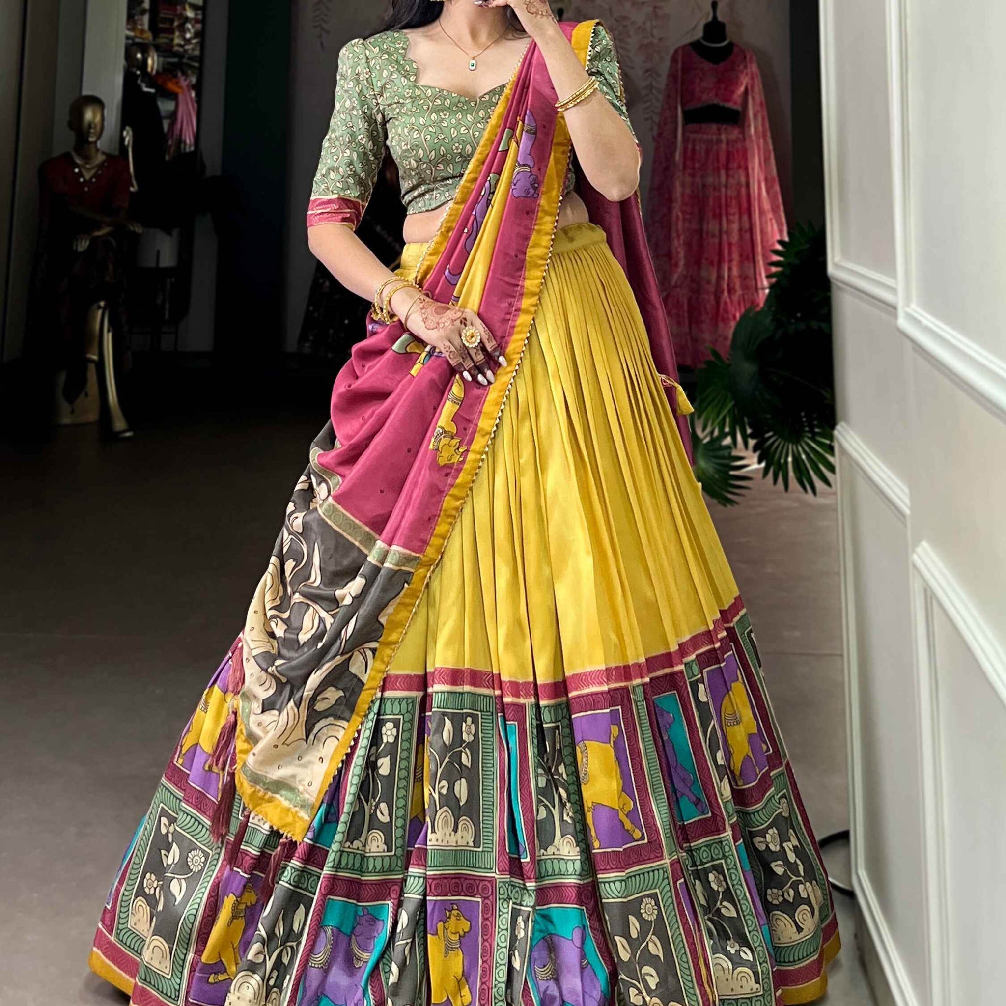 Precious Yellow Kalamkari Print Silk Haldi Wear Lehenga Choli - Zeel Clothing