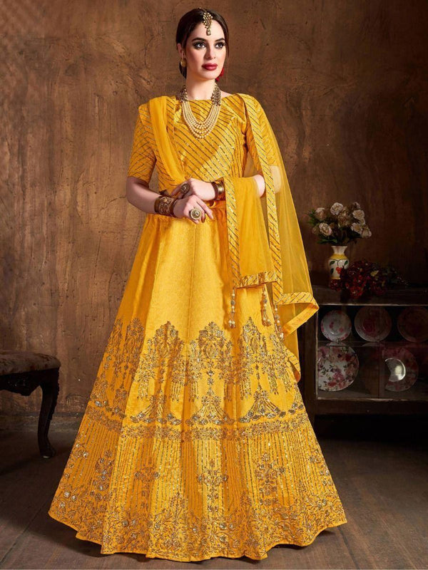 Precious Yellow Zari Embroidered Art Silk Haldi Lehenga Choli