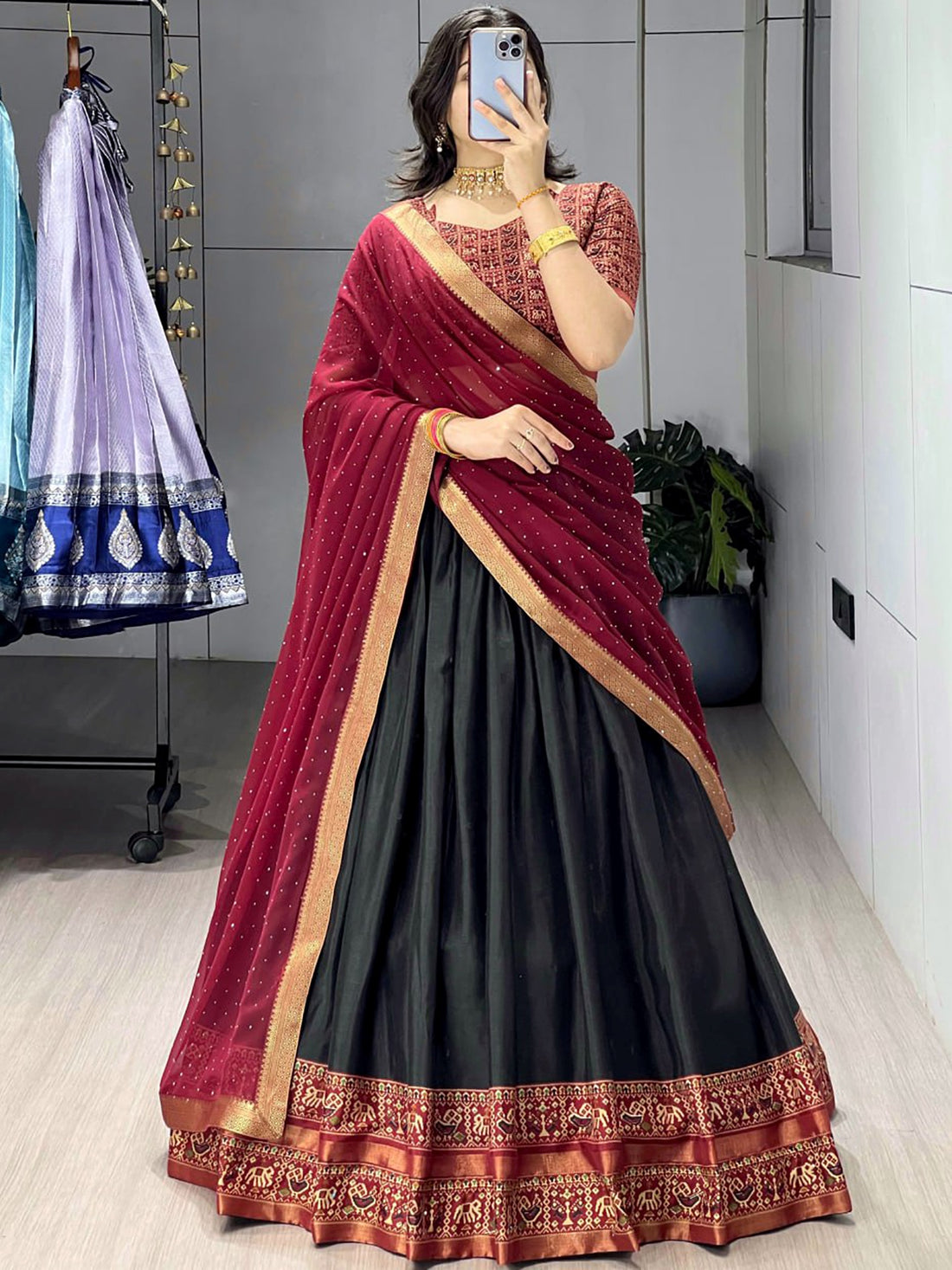 Prettier Black Patola Printed Cotton Half Saree  Marriage Wear Lehenga