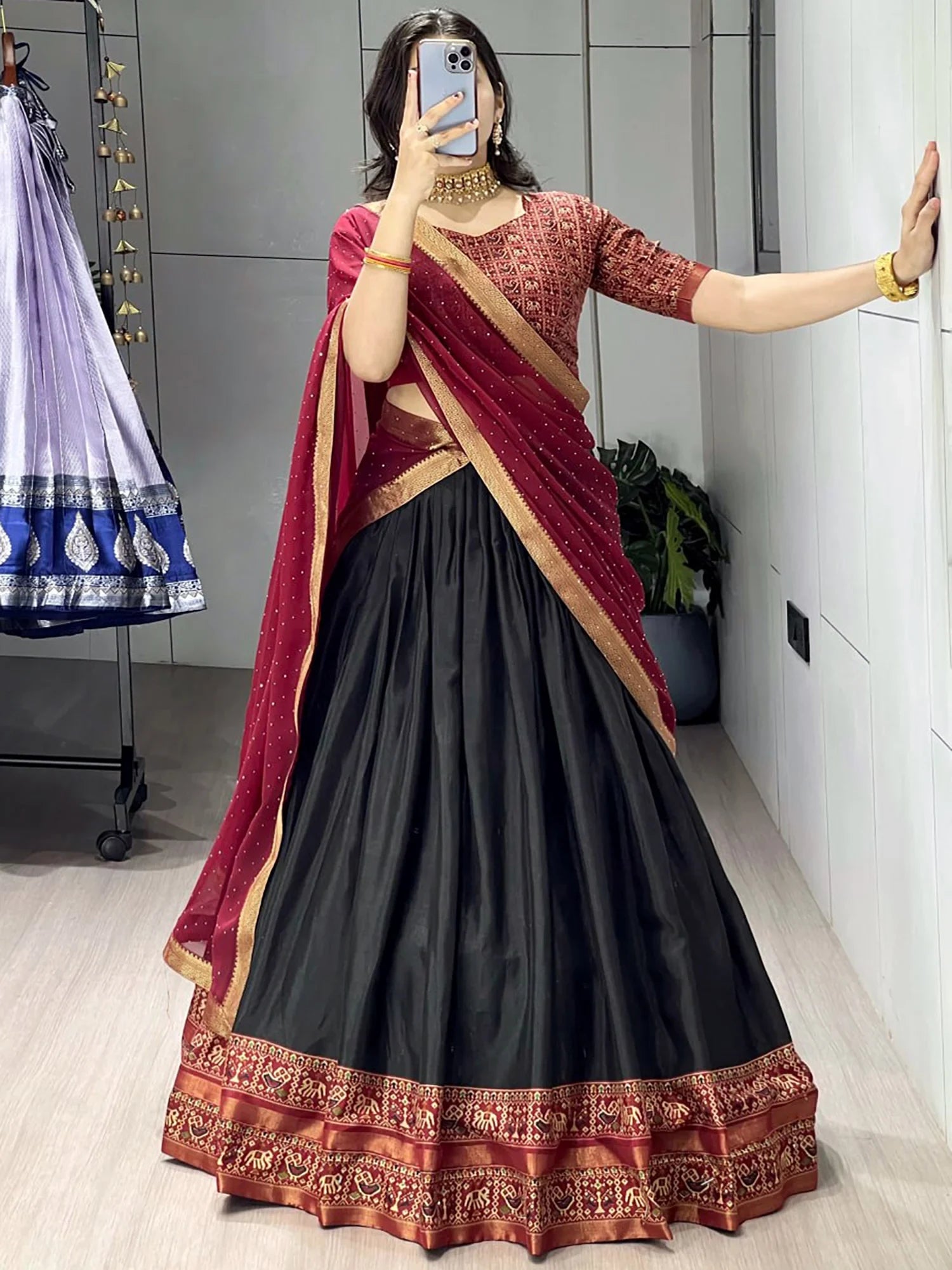 Prettier Black Patola Printed Cotton Half Saree  Marriage Wear Lehenga