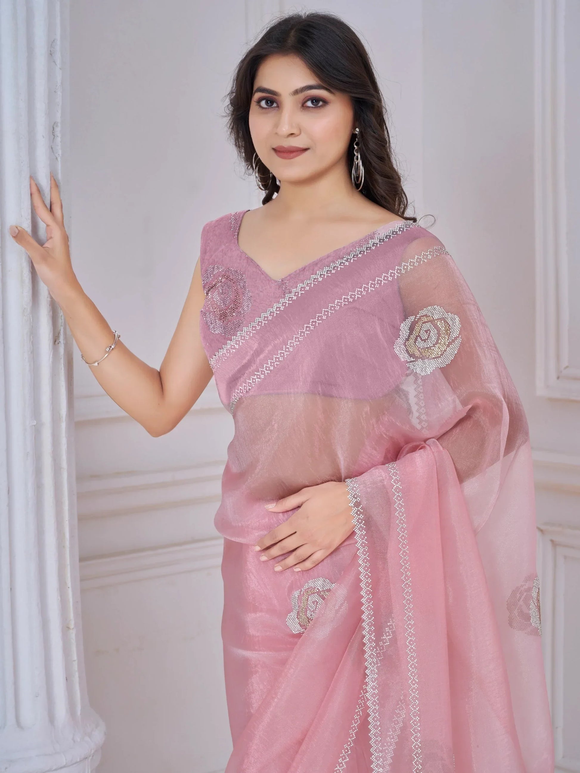 Pretty Baby Pink Jarkan Work Organza Designer Saree With Blouse - Zeel Clothing