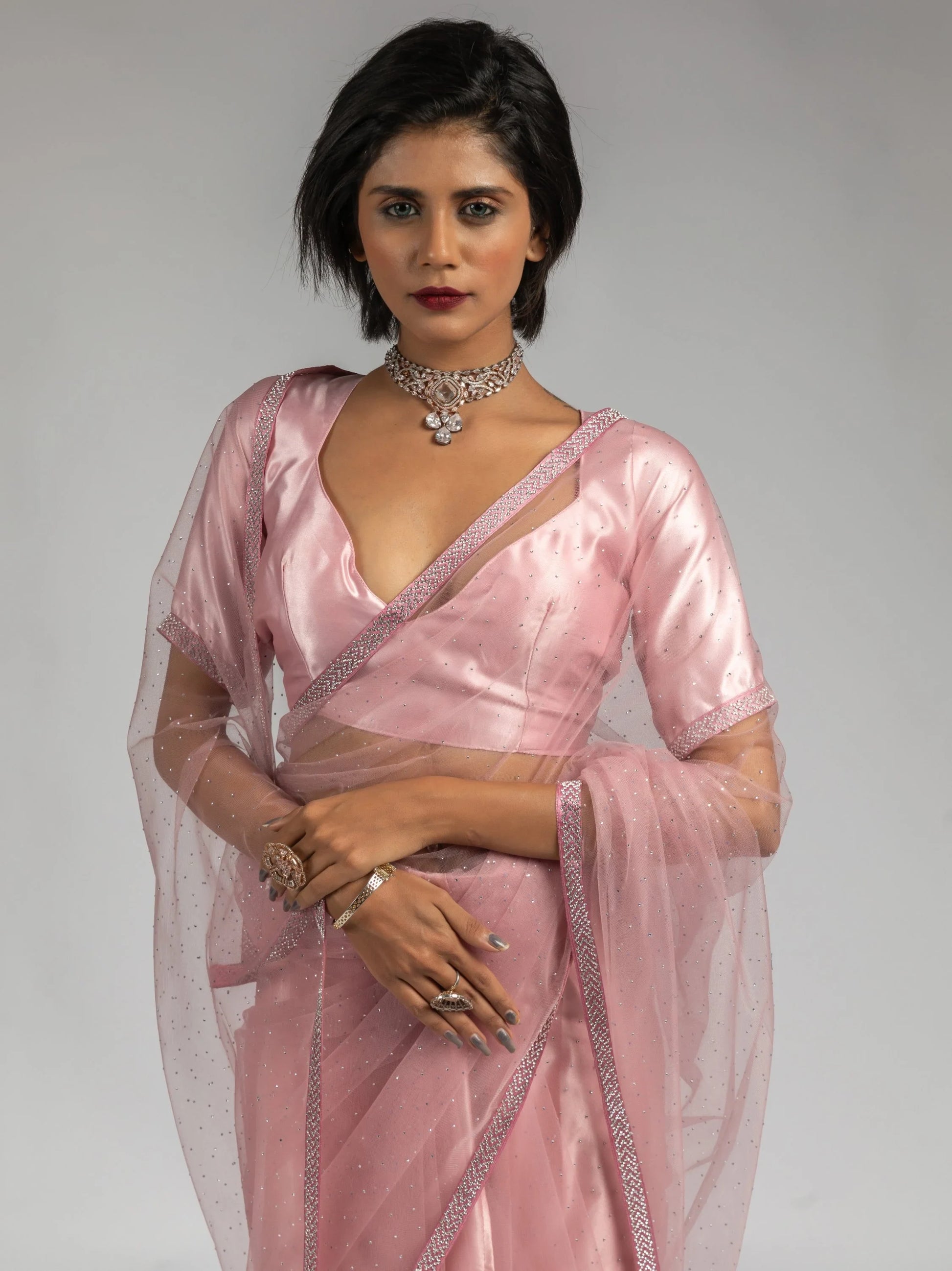 Pretty Baby Pink Lace Bordered Net Party Wear Pre-Stitched Saree With Blouse - Zeel Clothing