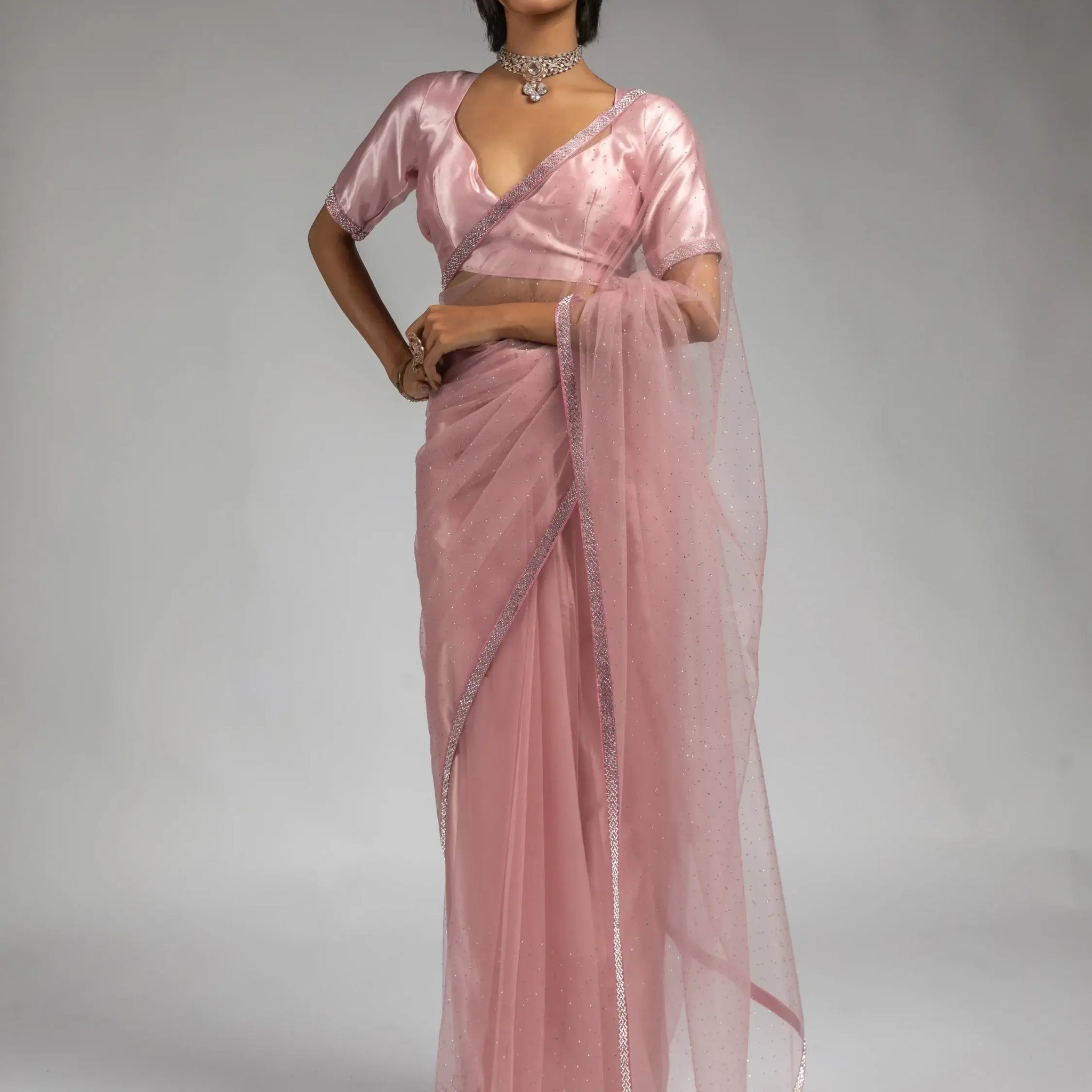 Pretty Baby Pink Lace Bordered Net Party Wear Pre-Stitched Saree With Blouse - Zeel Clothing